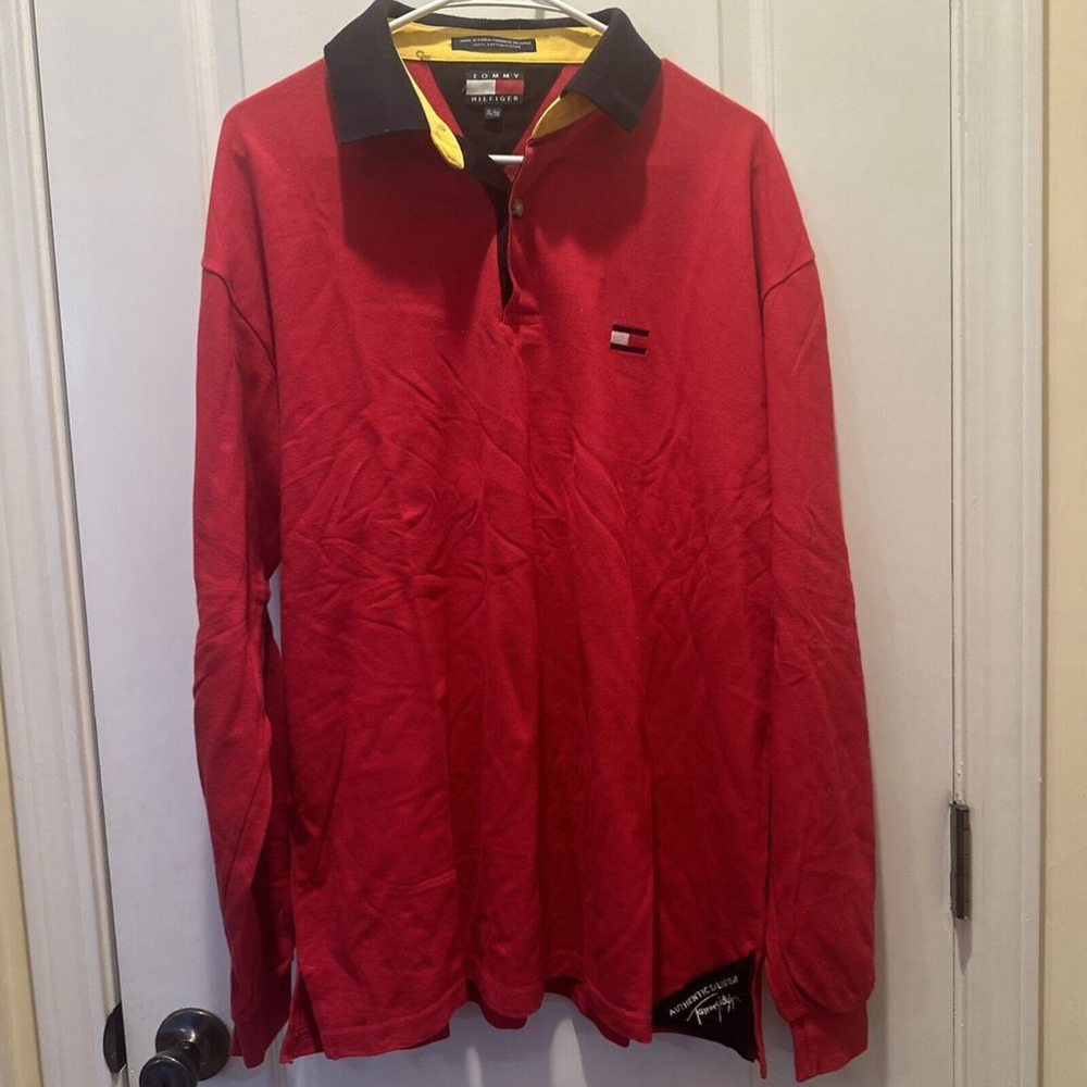 vtg 90s Tommy Hilfiger mens XL maroon Rugby shirt denim collar embroidered logo